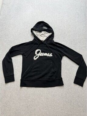 Guess Womens Hoodie Medium Black Pullover Embroidered Logo 1981 Raglan Fleece‎